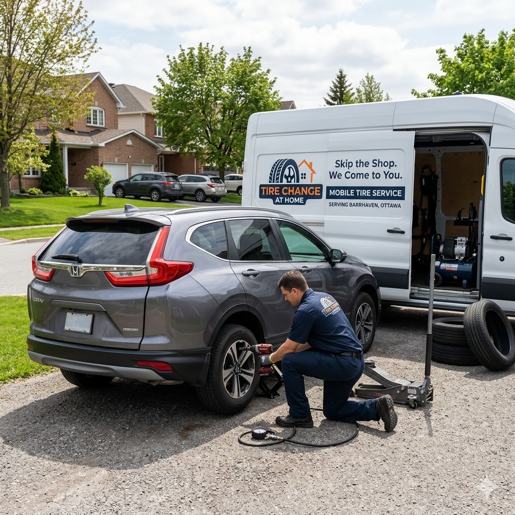 Mobile tire service technician at customer's home